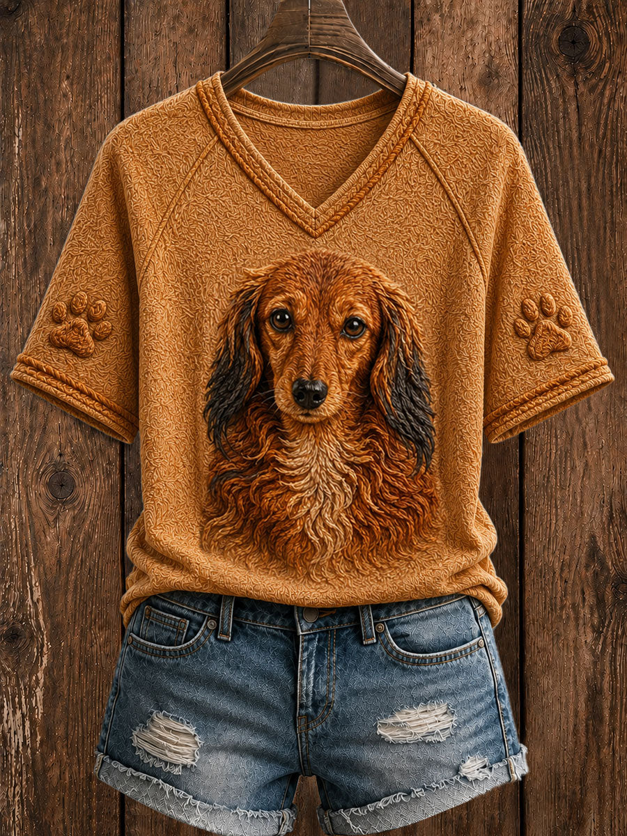 Dachshund bonito arte V-neck manga curta T-shirt feminino