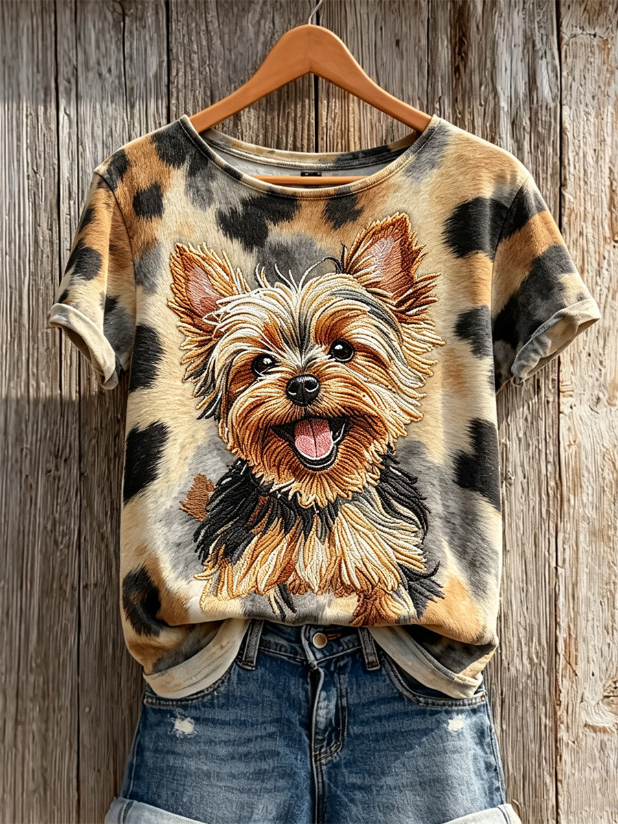Yorkshire Terrier & Dog casaco padrão impressão t-shirt de manga curta feminino