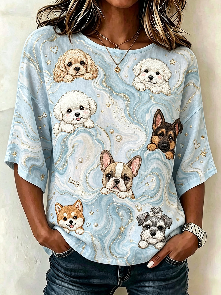 Camiseta feminina de linho, meia manga, com estampa artística vintage de padrão marmorizado e cães