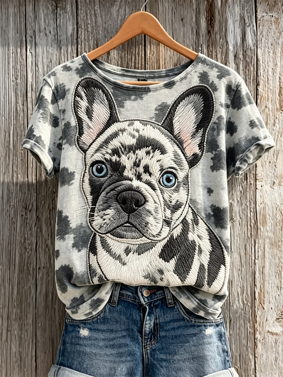 Bulldog francês & cão casaco padrão impressão t-shirt de manga curta feminino