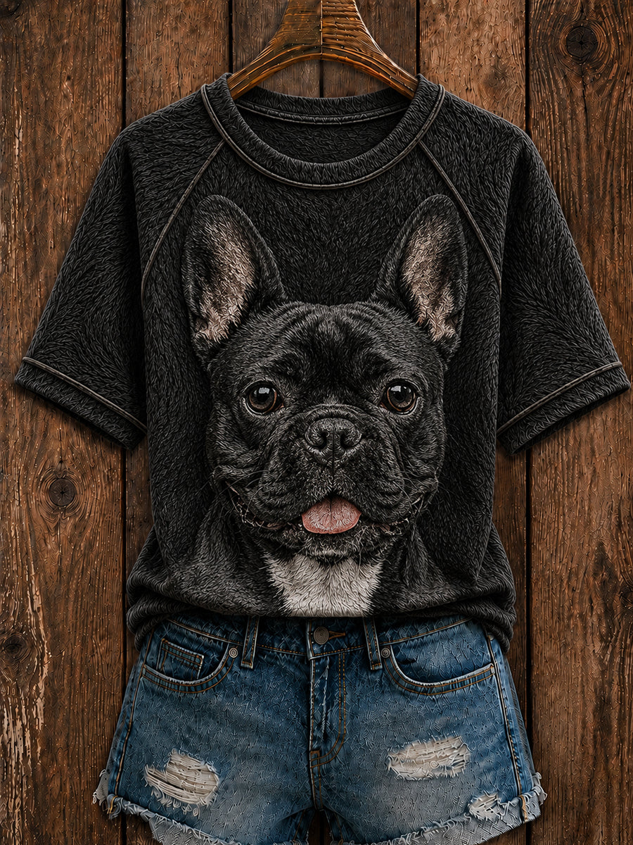 Arte bonito do buldogue francês feminino redondo pescoço manga curta t-shirt