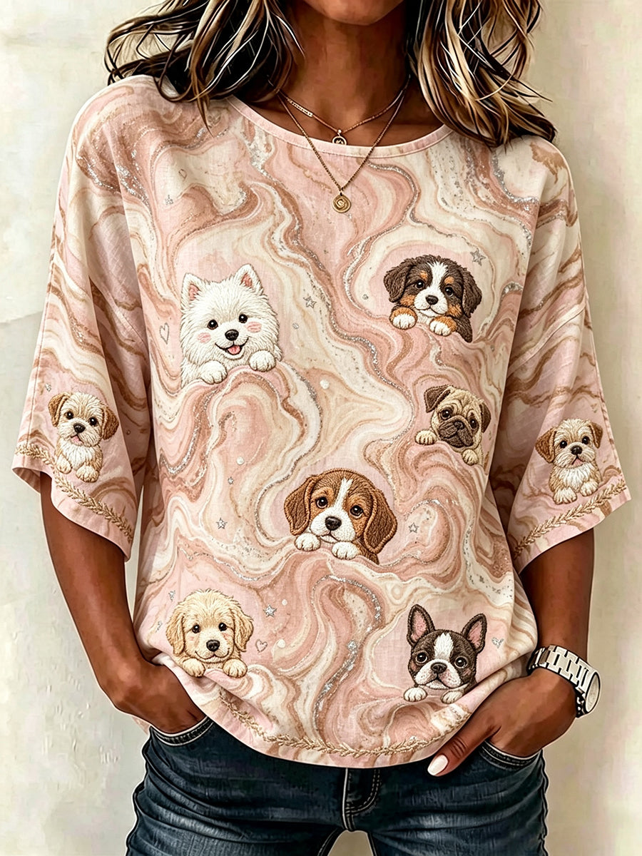 Camiseta feminina de linho, meia manga, com estampa artística vintage de padrão marmorizado e cães