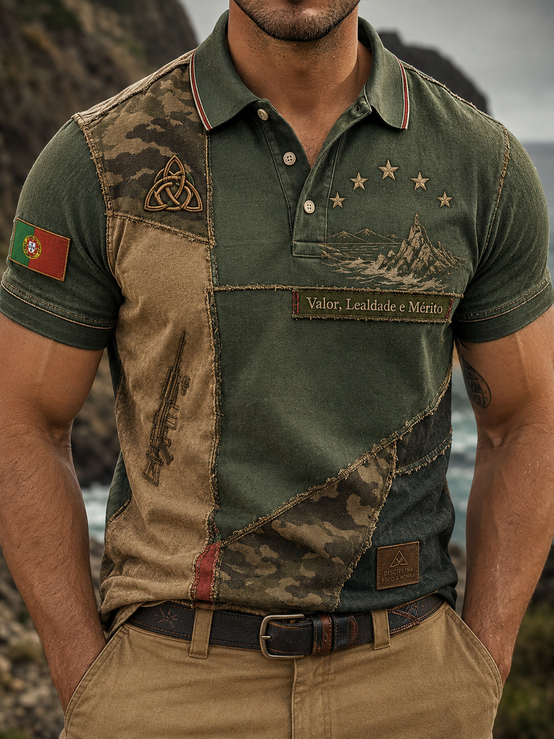 Camisa Polo Masculina com Estampa Artística que Incorpora Elementos Patrióticos Portugueses