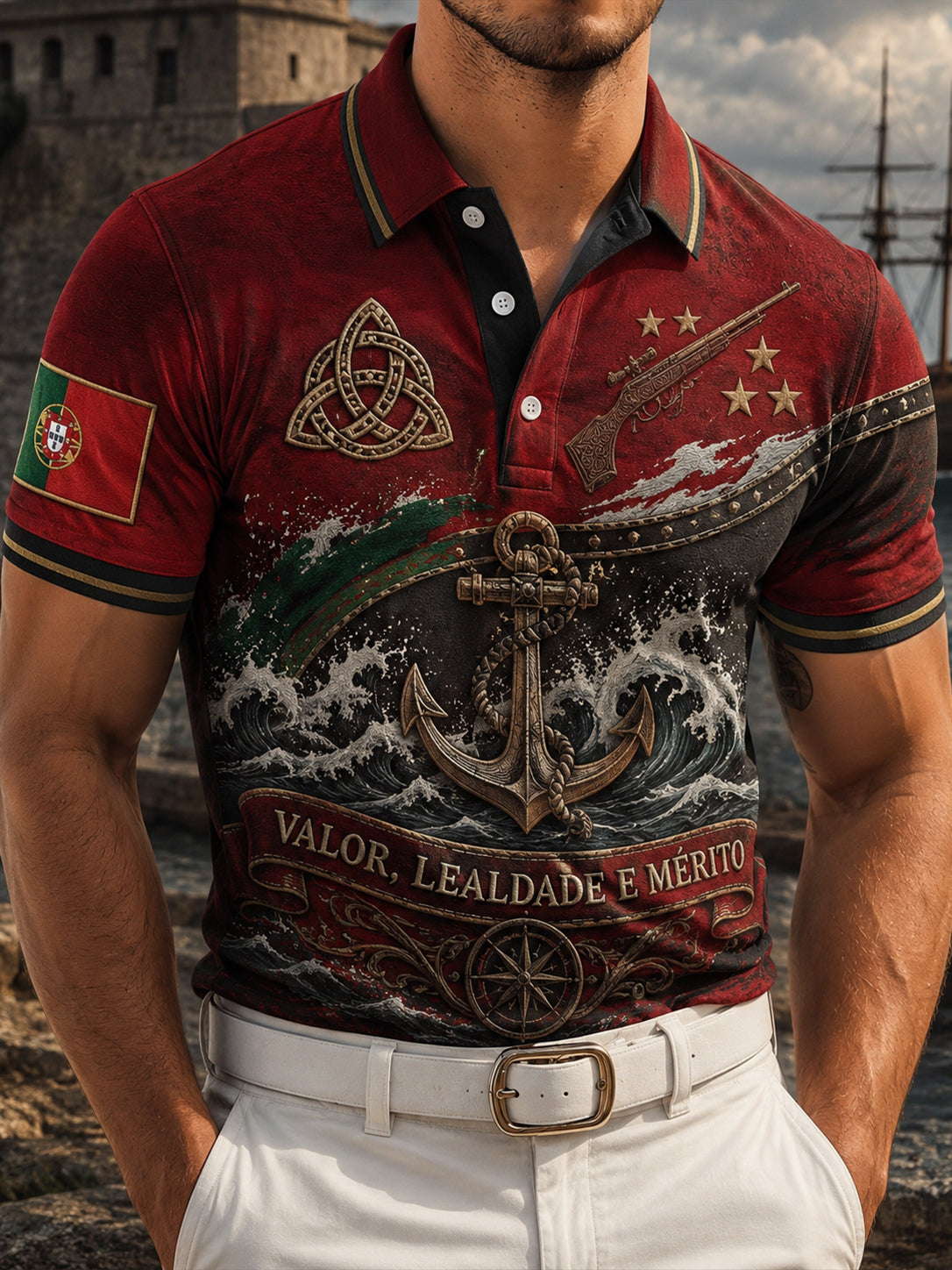 Camisa Polo Masculina com Estampa Artística Apresentando Elementos Patrióticos Portugueses