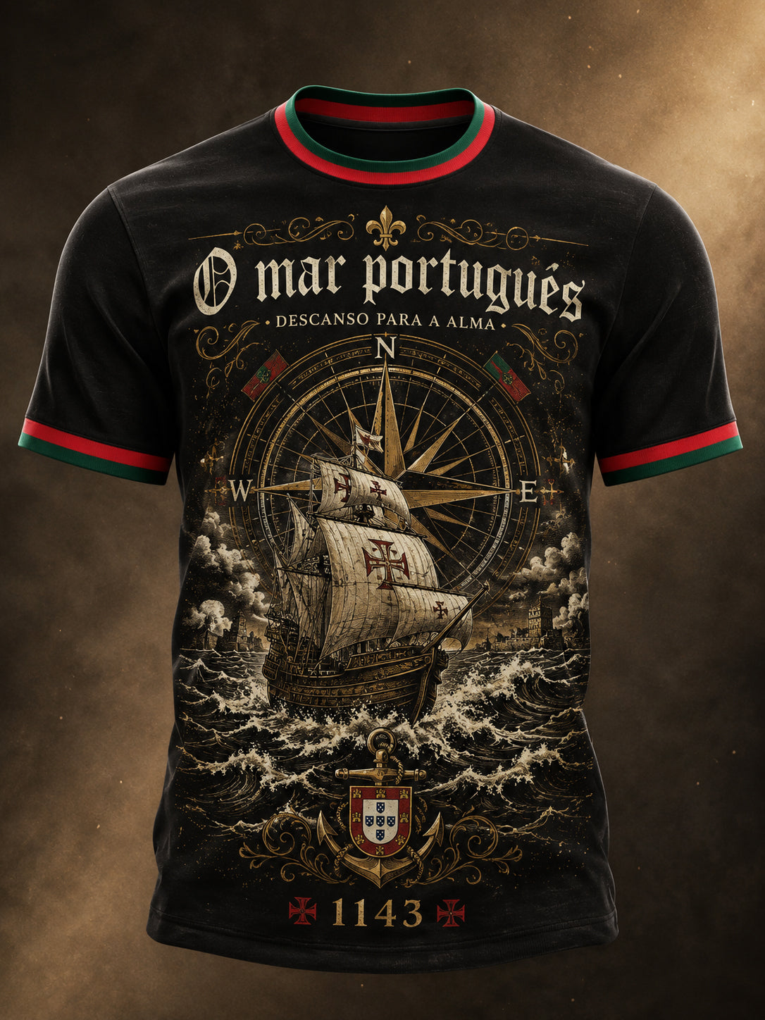 Camiseta Masculina com Estampa Artística Apresentando Elementos Patrióticos Portugueses