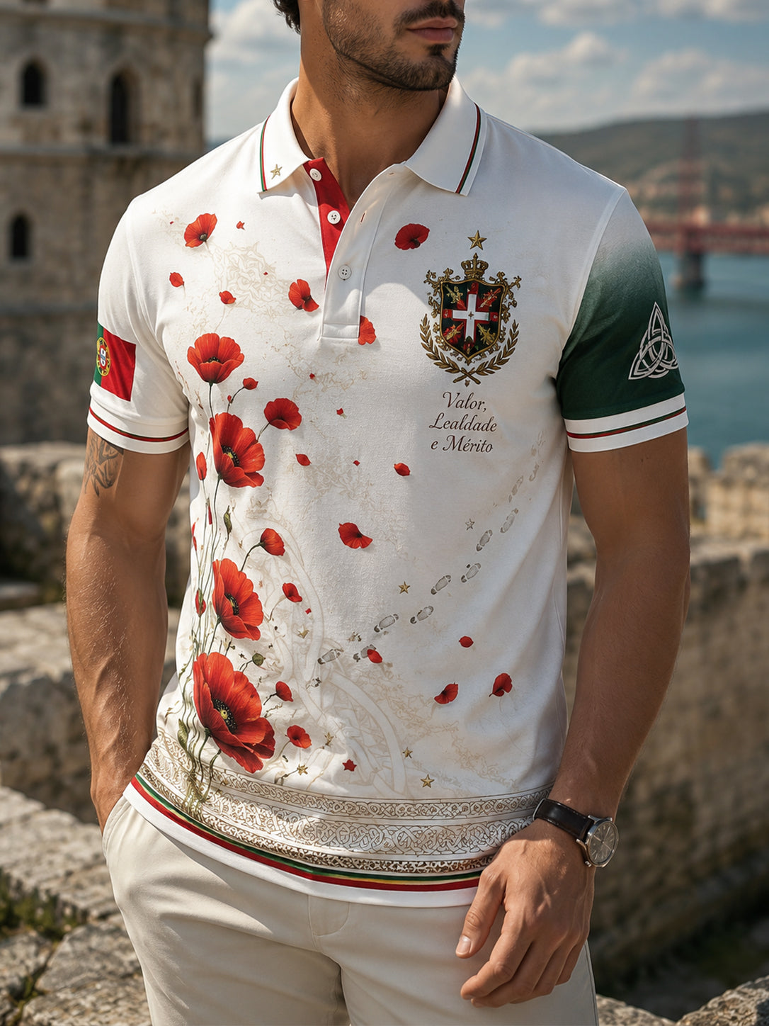 Camisa Polo Masculina com Estampa Artística que Incorpora Elementos Patrióticos Portugueses