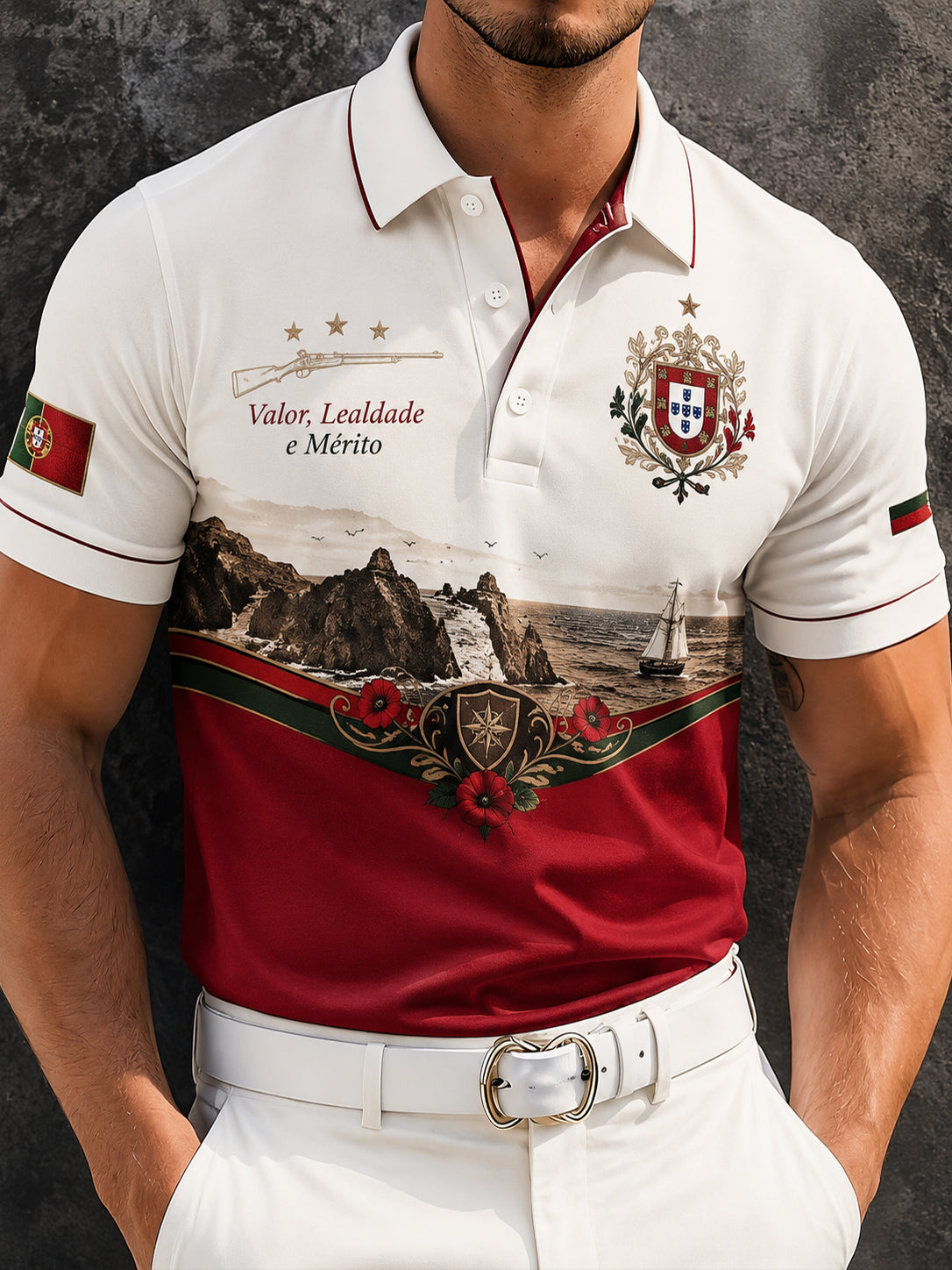 Camisa Polo Masculina com Estampa Artística que Incorpora Elementos Patrióticos Portugueses