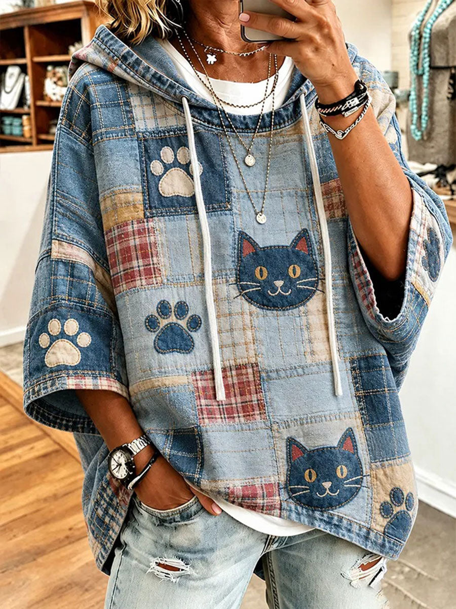 Blusa casual feminina com estampa de gato