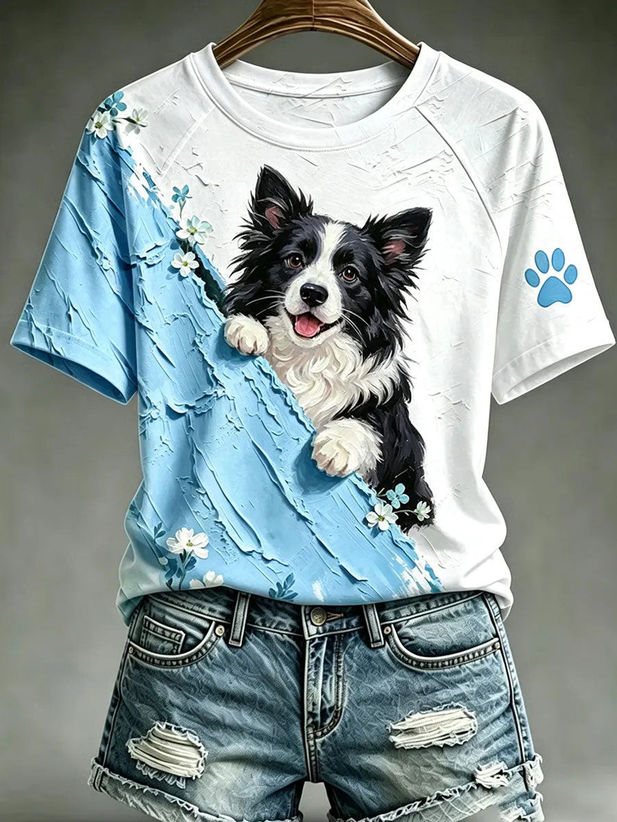 Camiseta casual com estampa de arte de cães para mulheres