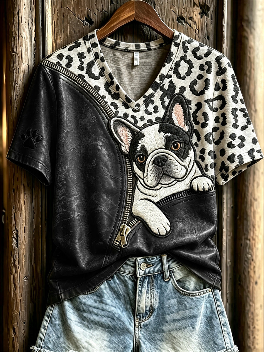 Buldogue francês de espreitar feminino descompactado leopardo impressão t-shirt de manga curta