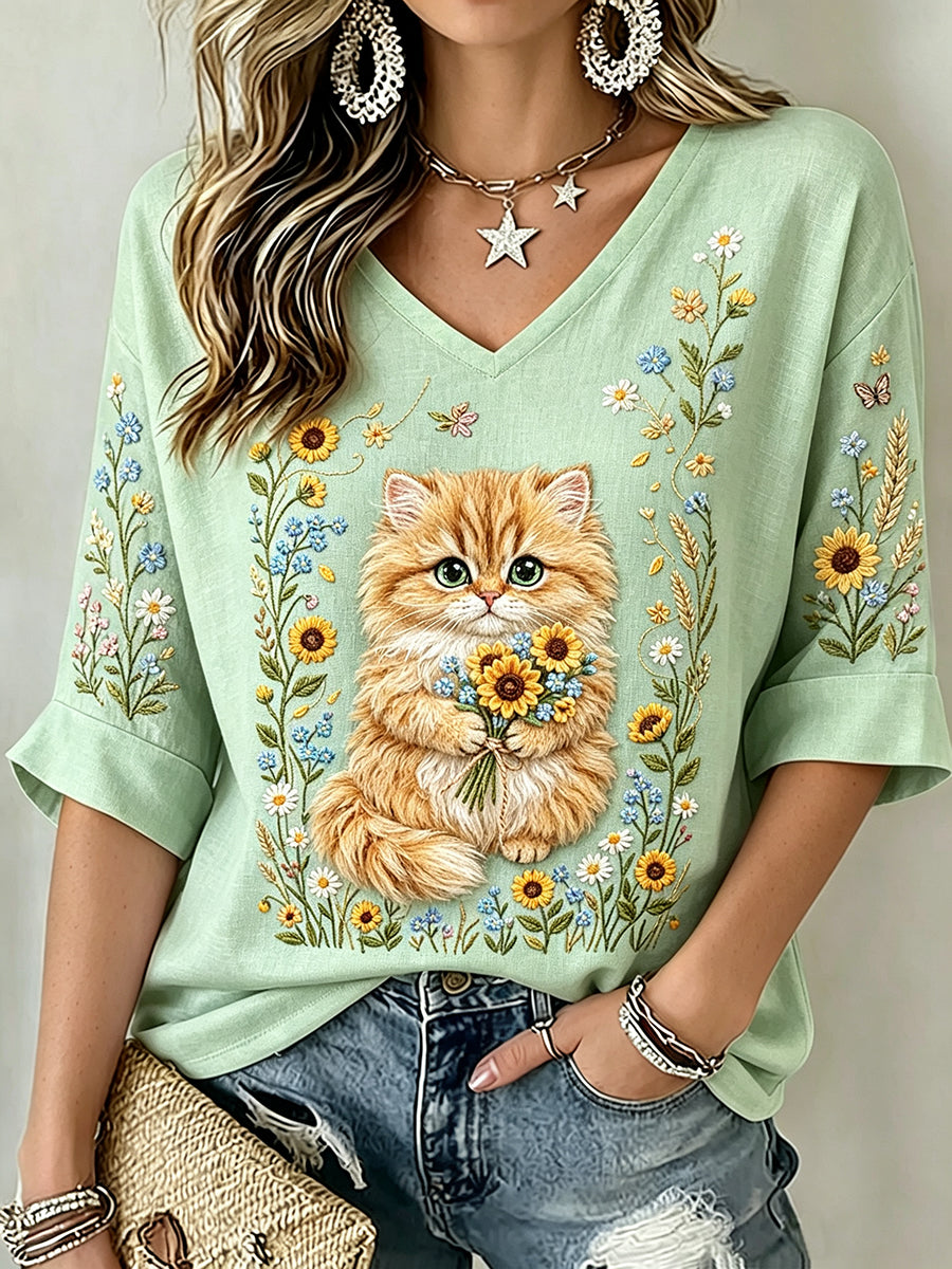 Camiseta de Linho com Manga Curta e Estampa Artística de Gato com Flores Selvagens, Elegante, para Mulheres