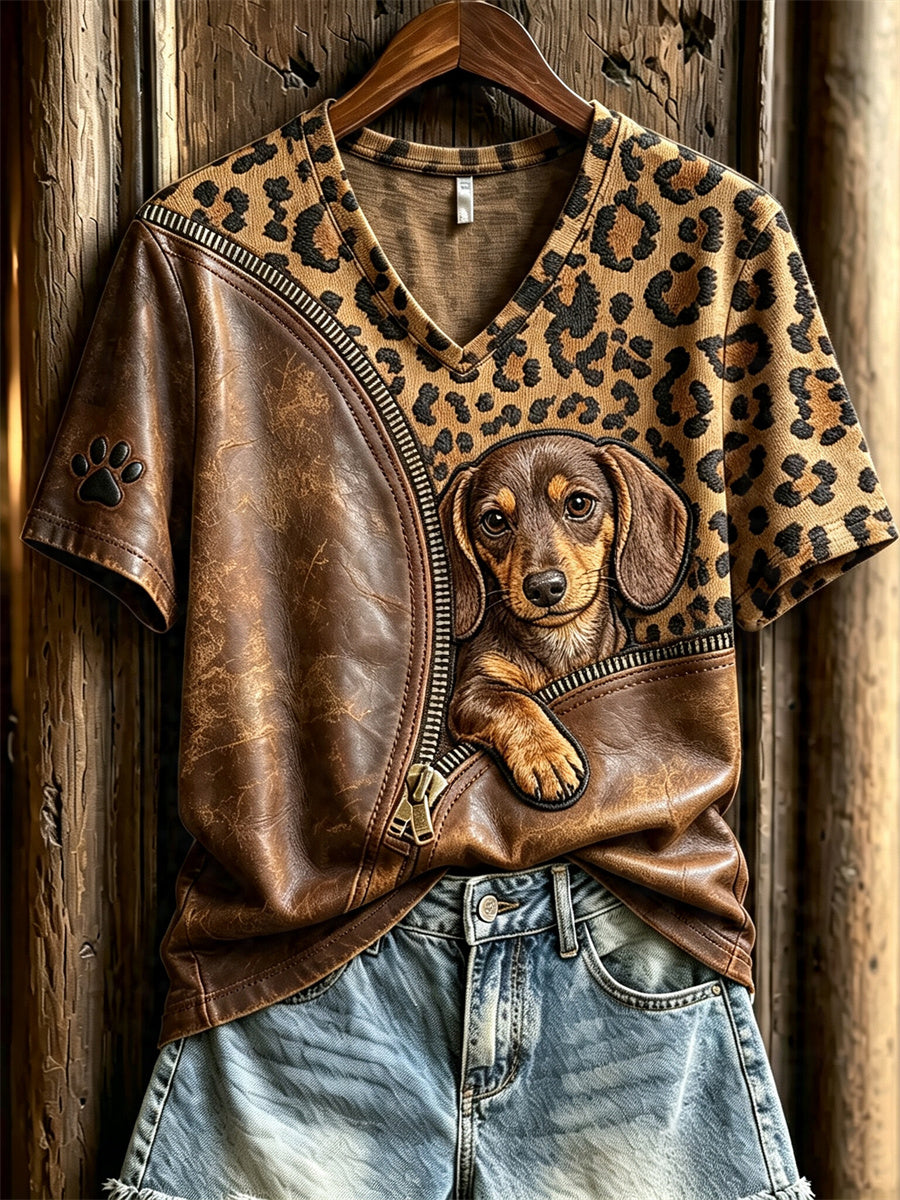 Espreitar o cão do Dachshund do mulheres descompactado leopardo impressão t-shirt de manga curta