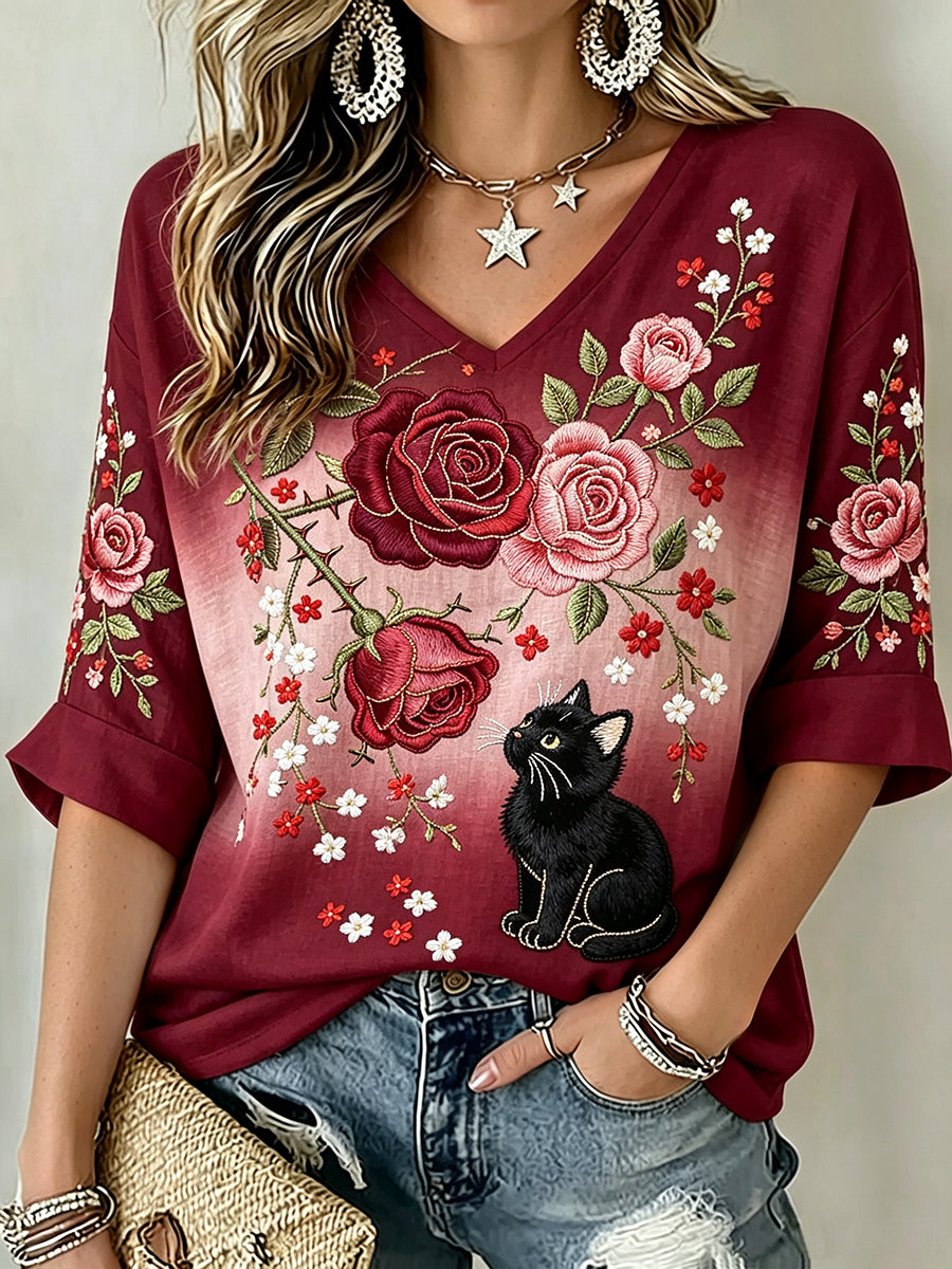 Mulheres elegante Rose & gato preto arte impressão linho t-shirt de manga curta