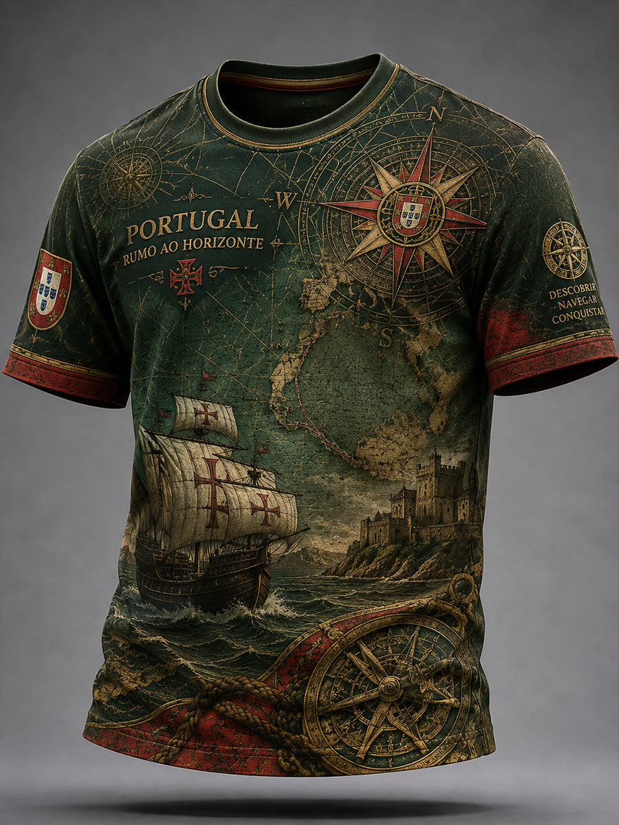 Camiseta com estampa artística de elementos culturais patrióticos e espírito náutico português para homens