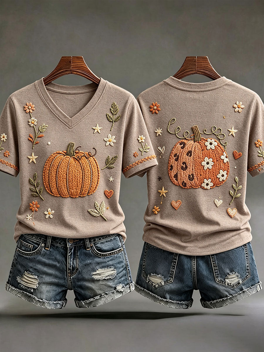 Camisetas de outono para mulheres, com decote em V e estampa de abóbora