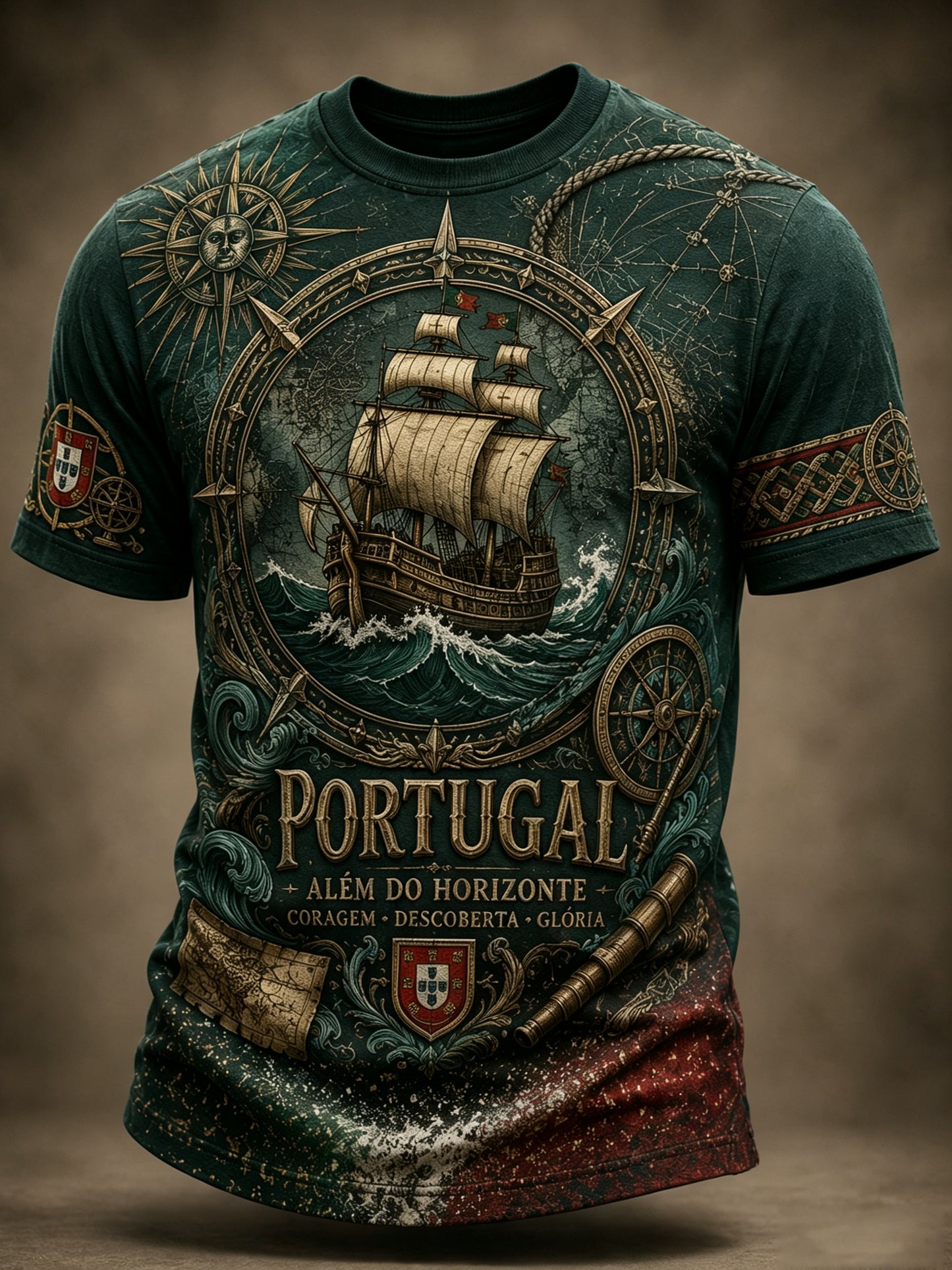 Camiseta com estampa artística masculina temática de espírito náutico português