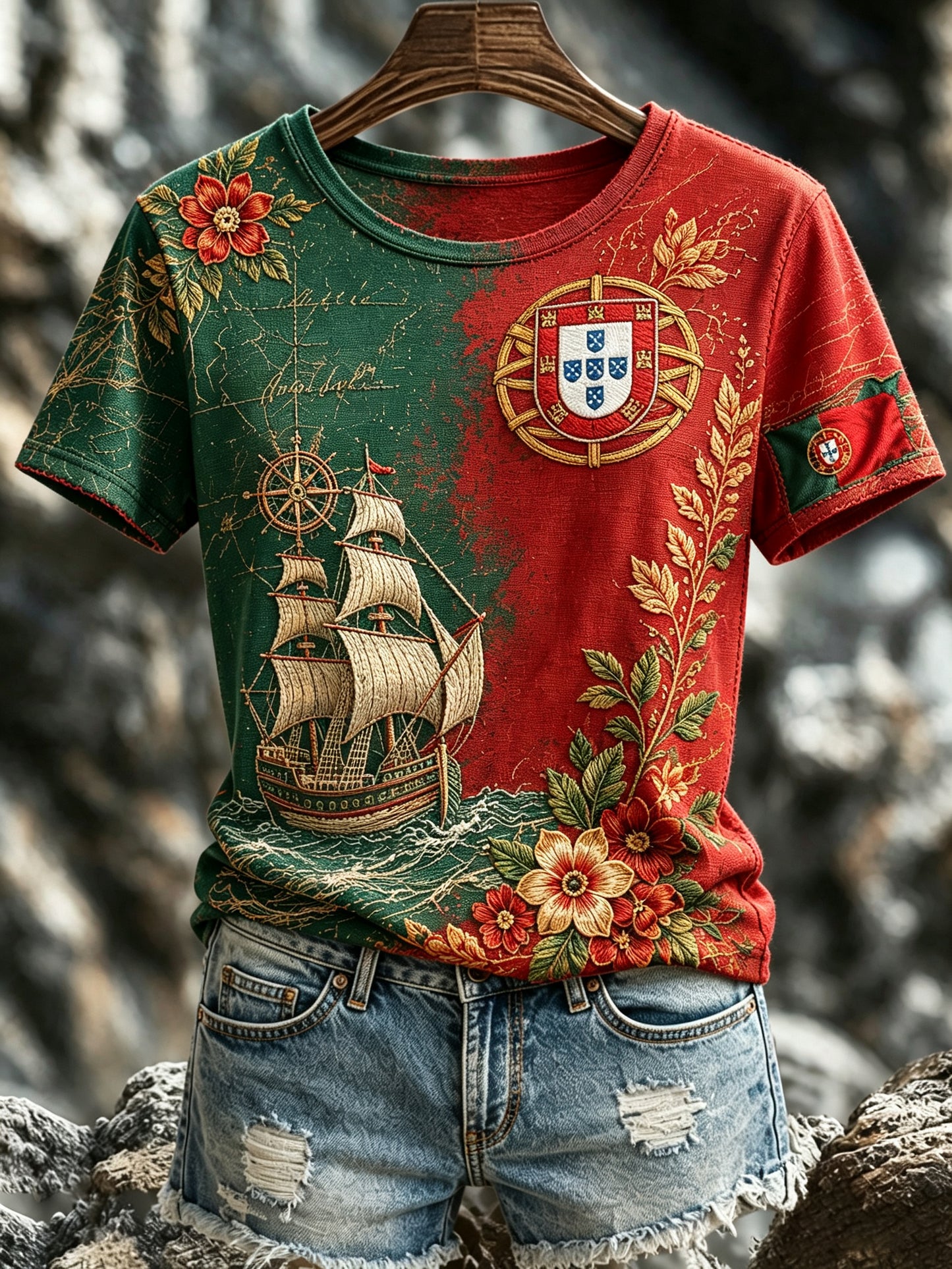 Camiseta Feminina com Estampa Artística de Elementos do Espírito Náutico Português