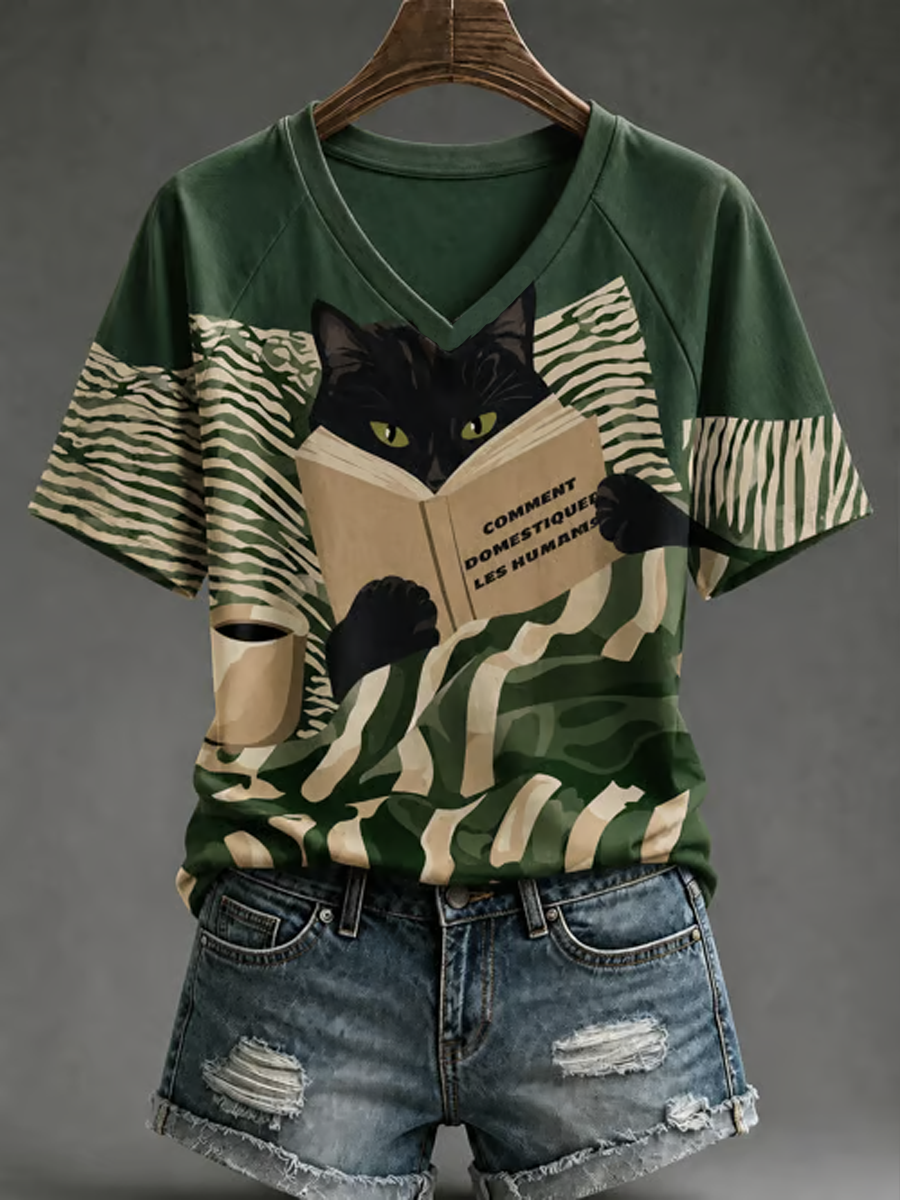 Gato bonito impressão V-neck off-ombro T-shirt de manga curta feminino