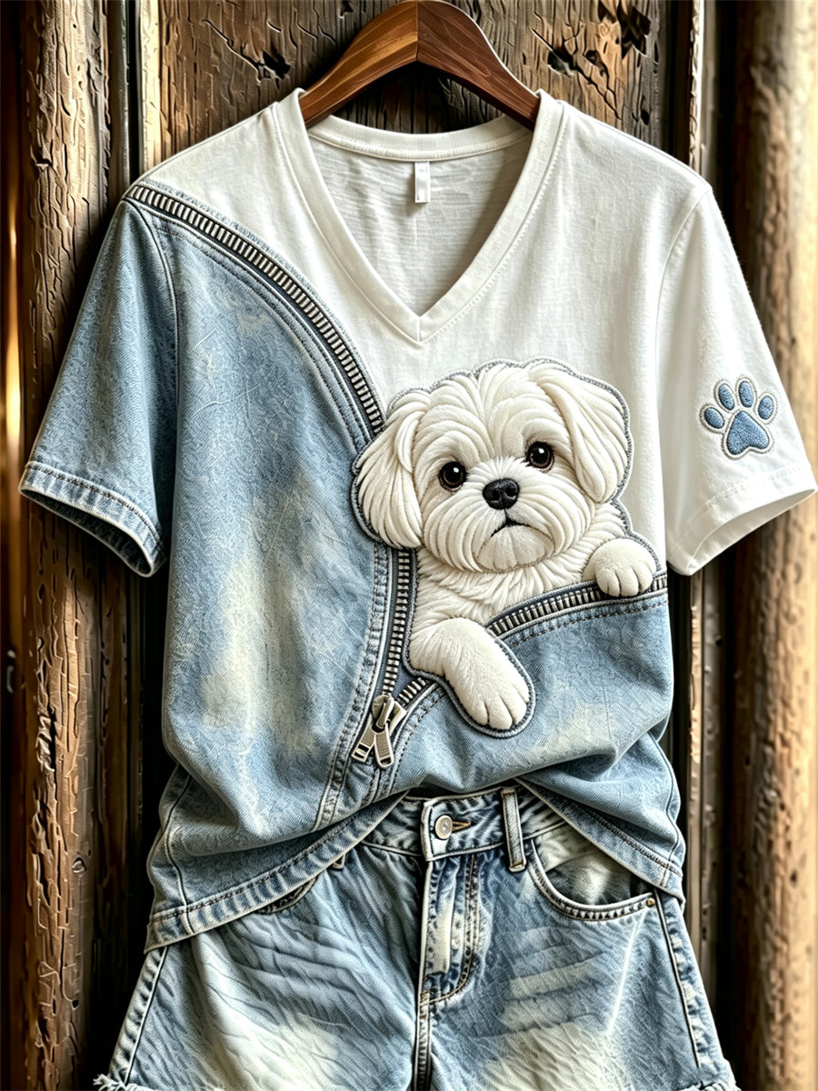 Peeking cão maltês feminino descompactado Denim Imprimir t-shirt de manga curta