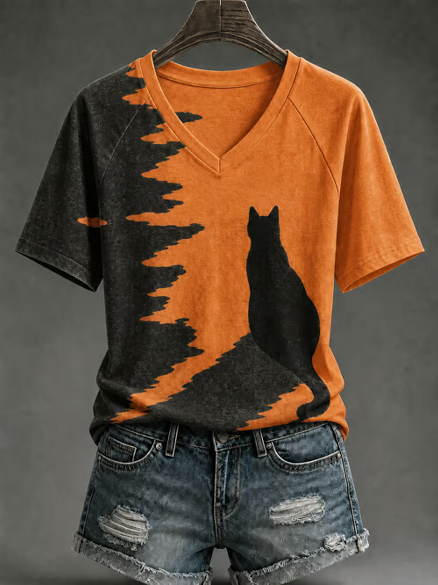 Camiseta feminina com estampa de gato, decote em V e mangas curtas estilo ombro a ombro