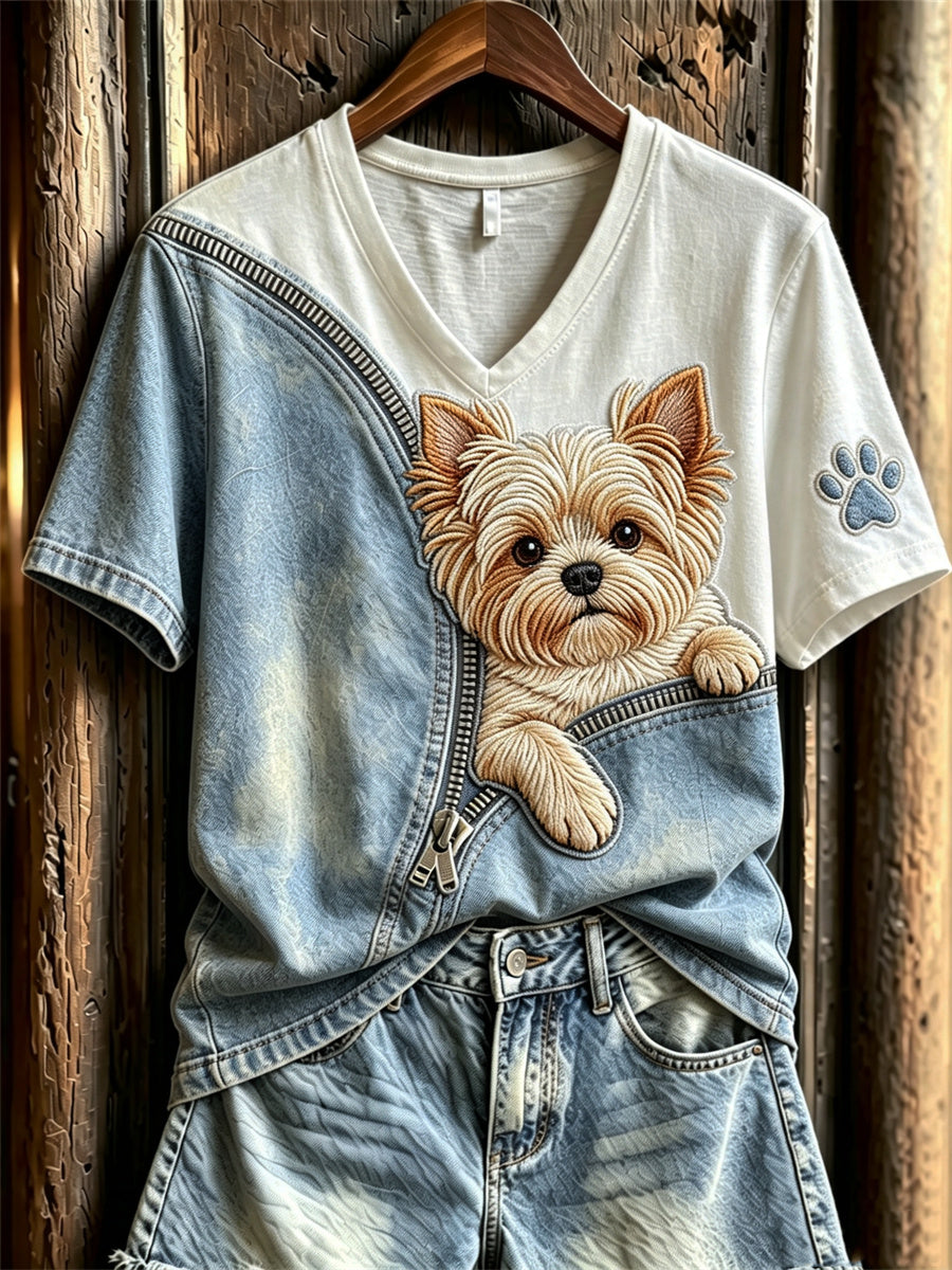 Peeking cão Yorkshire Terrier feminino descompactado Denim Imprimir t-shirt de manga curta