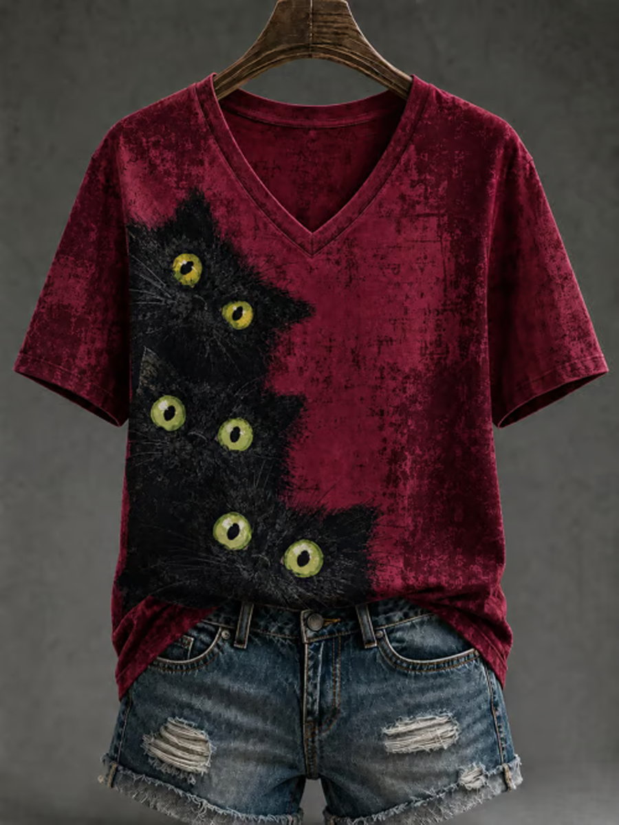 T-shirt de manga curta estampada gato bonito feminino
