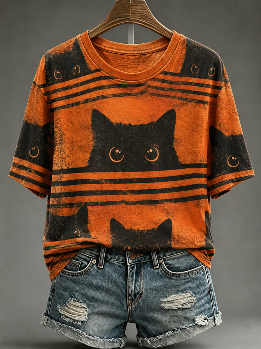 Camiseta feminina de mangas curtas com estampa de gato fofa