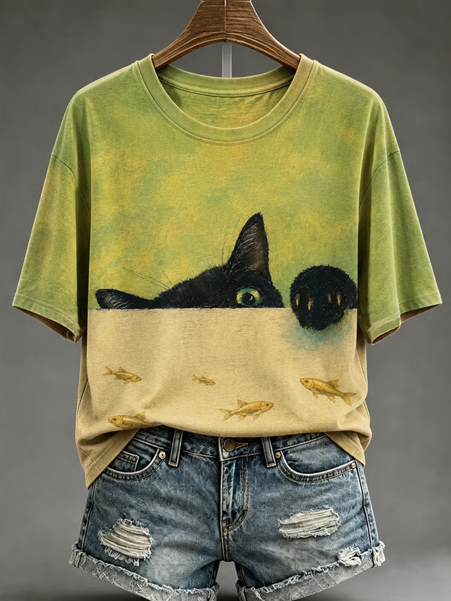 Camiseta feminina de mangas curtas com estampa de gato fofa