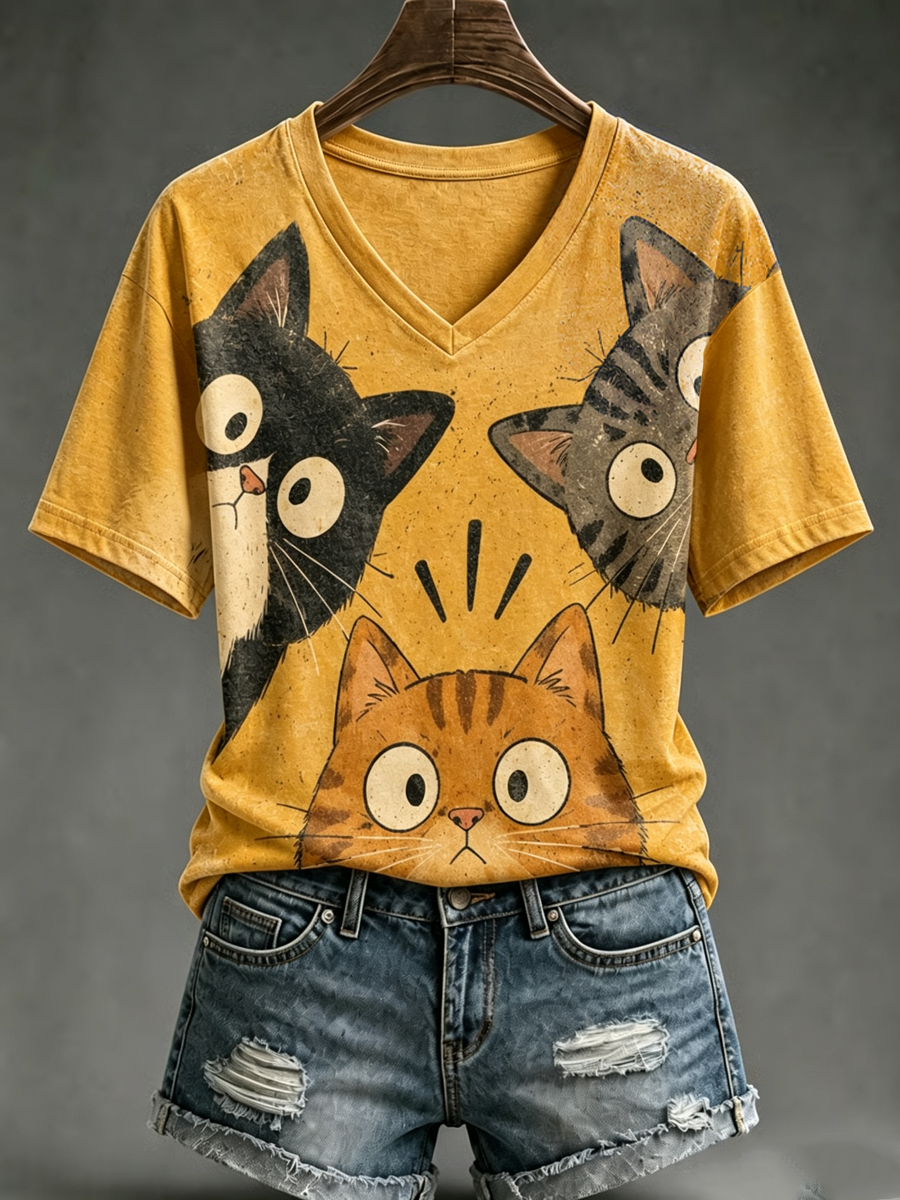 Camiseta feminina de mangas curtas com estampa de gato fofa