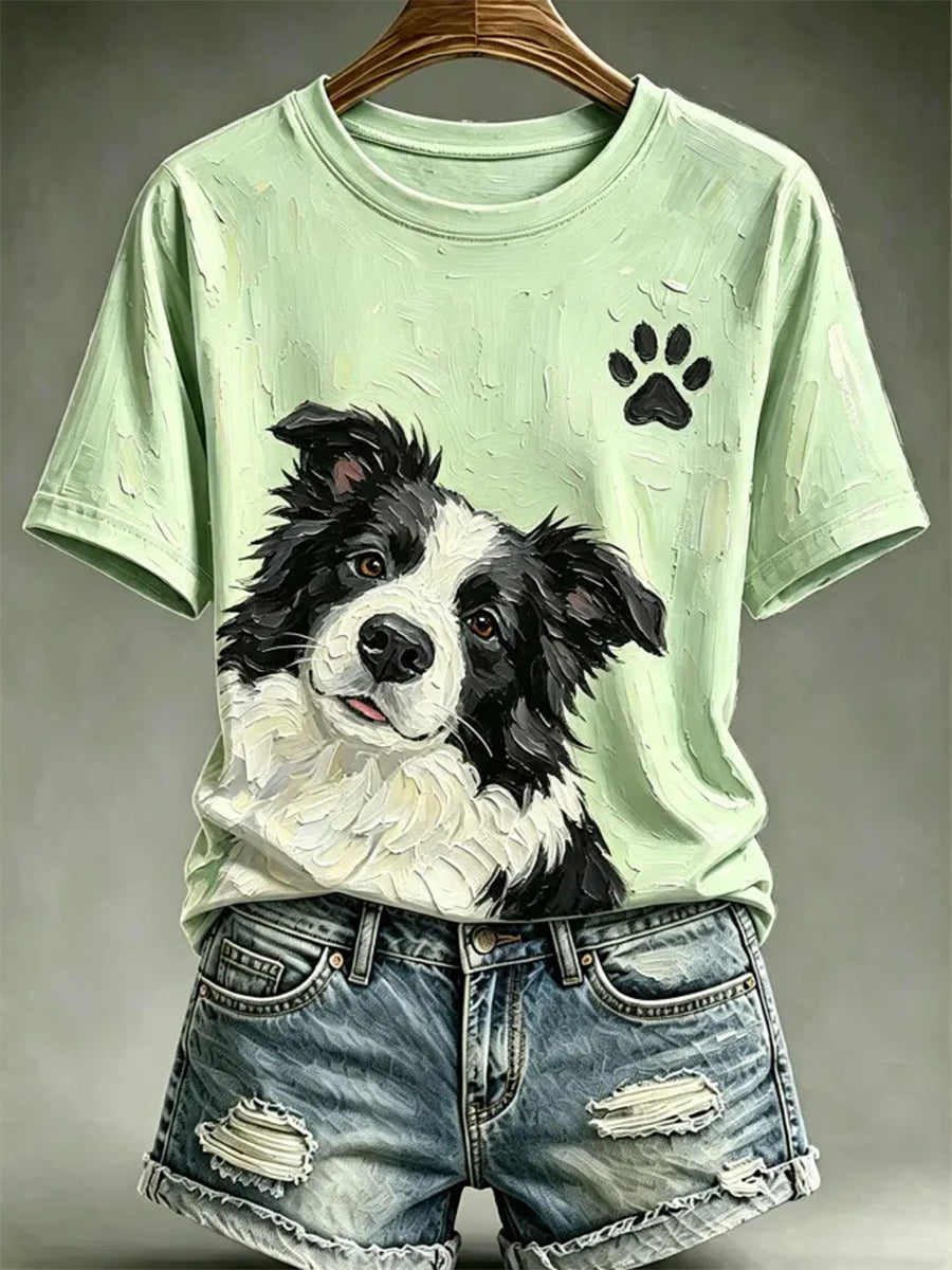 Camiseta casual estampada com estilo de pintura a óleo de cães para mulheres