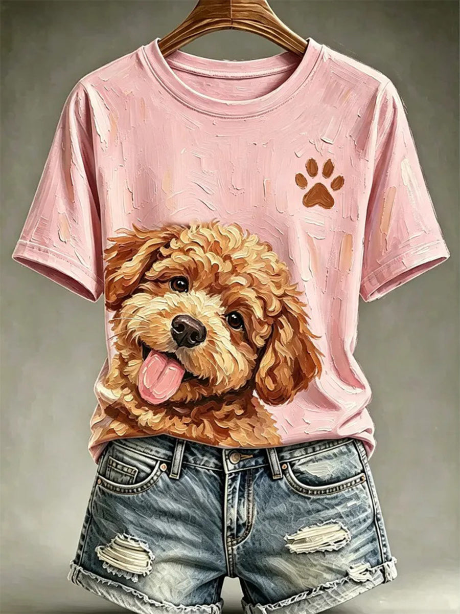 Camiseta casual estampada com estilo de pintura a óleo de cães para mulheres