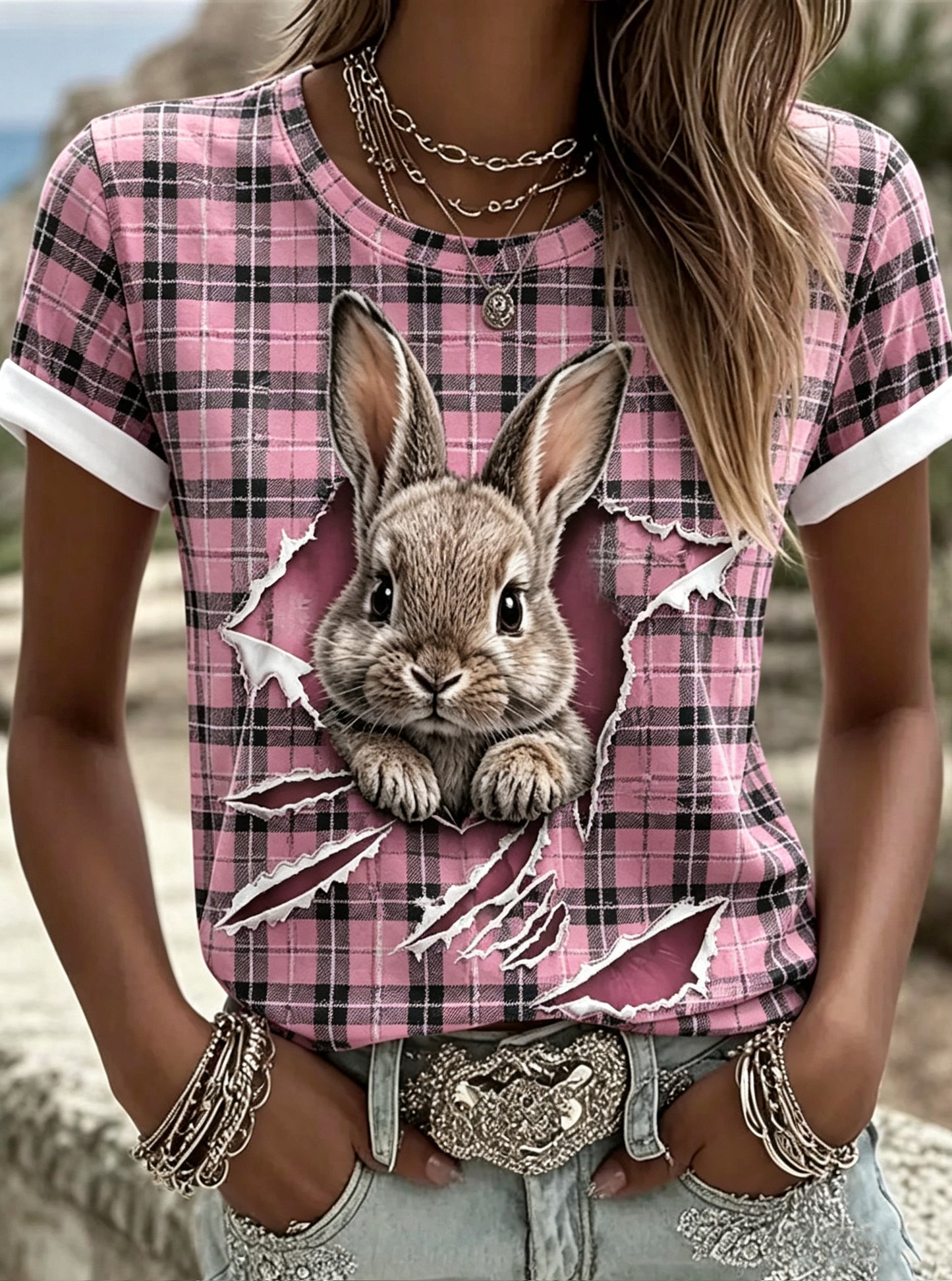 Camiseta feminina de manga curta, solta, com estampa animal, estilo vintage