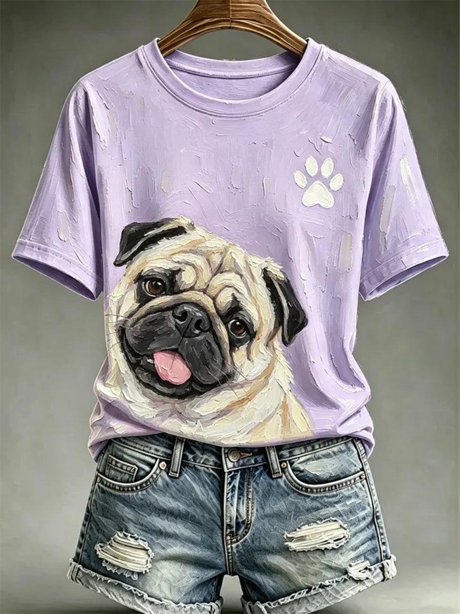 Estilo de pintura a óleo cão feminino impresso t-shirt Casual