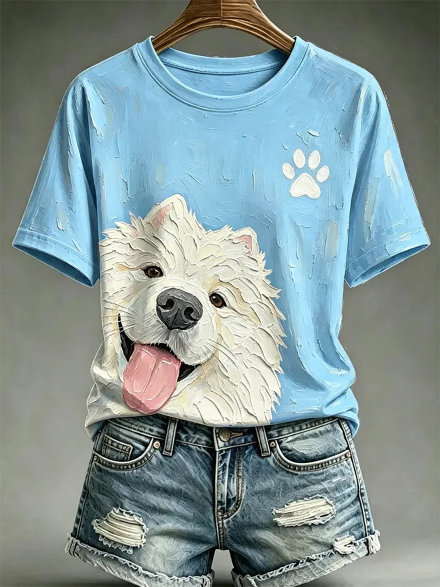 Camiseta casual estampada com estilo de pintura a óleo de cães para mulheres