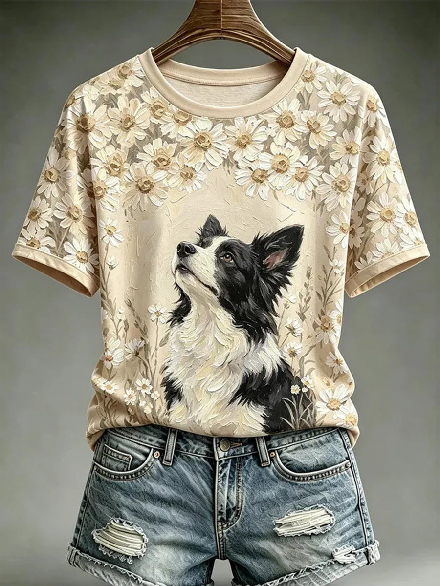 Camiseta casual estampada com estilo de pintura a óleo de cães para mulheres