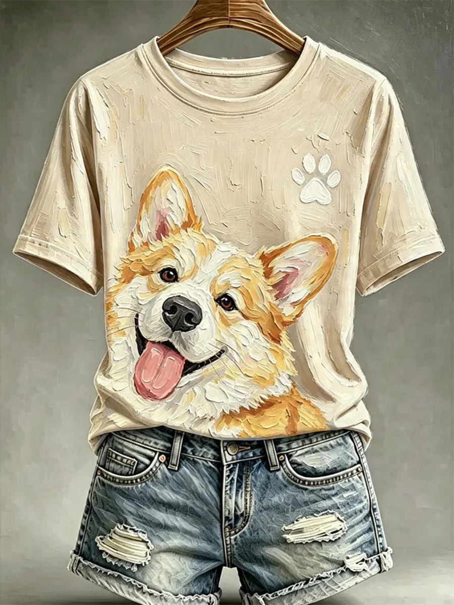 Camiseta casual estampada com estilo de pintura a óleo de cães para mulheres