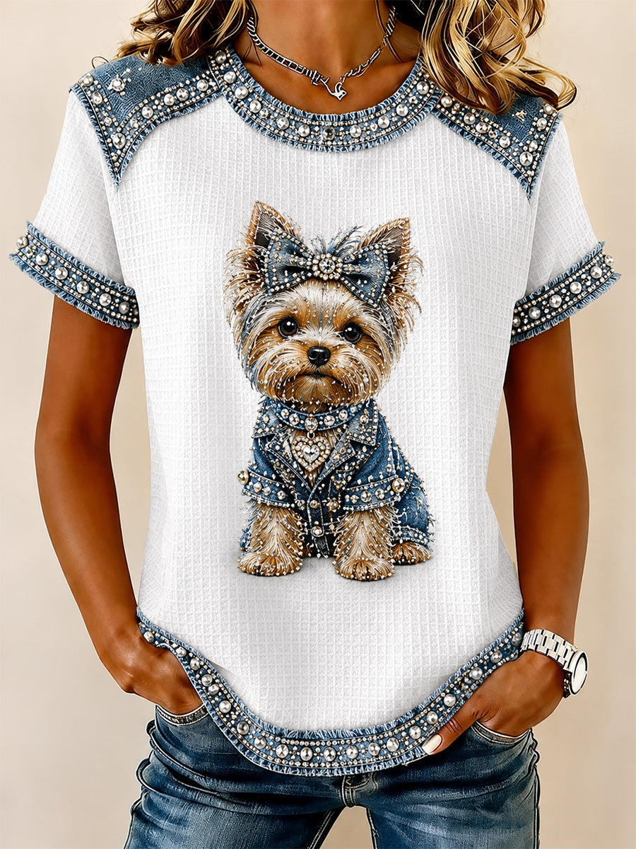 Denim Patchwork cão do mulheres imprimir Waffle Casual Tee