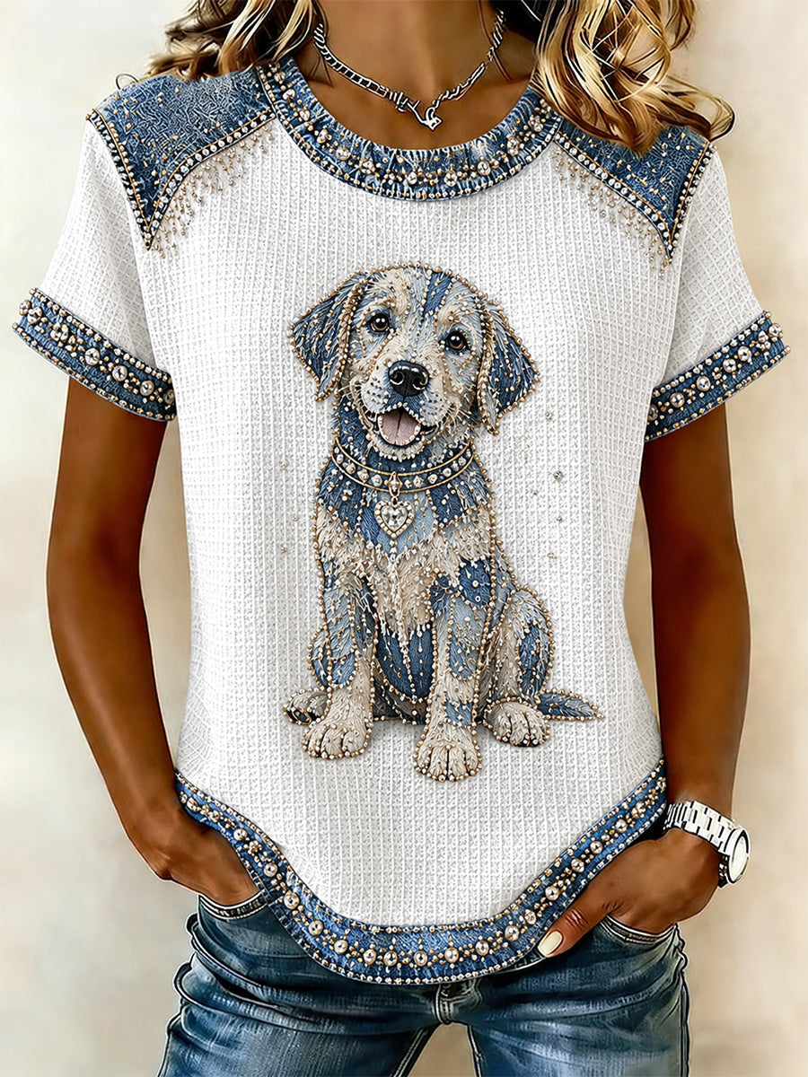 Camiseta casual de waffle em jeans com patchwork e estampa de cachorro para mulheres