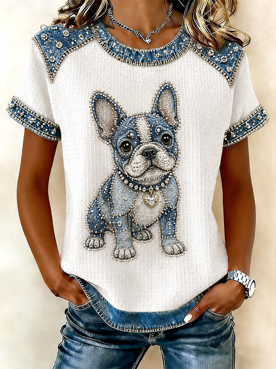 Camiseta casual de waffle em jeans com patchwork e estampa de cachorro para mulheres