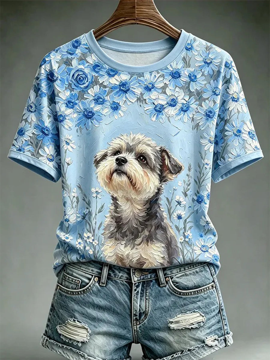 Camiseta casual estampada com estilo de pintura a óleo de cães para mulheres