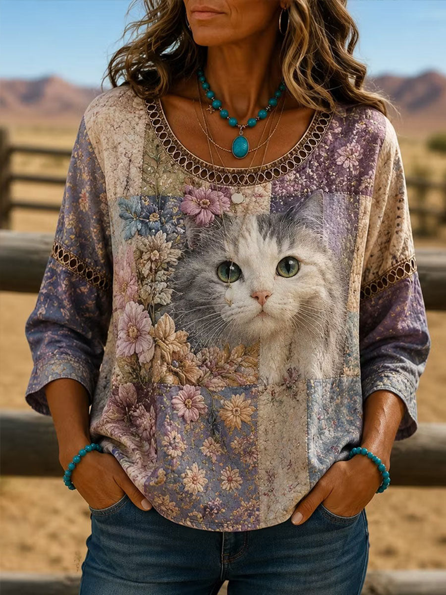 Gato floral elegante algodão Top de linho feminino