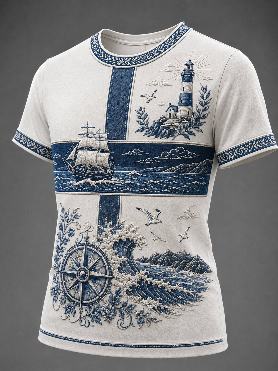 Camiseta Feminina com Estampa Artística de Elementos do Espírito Náutico Português