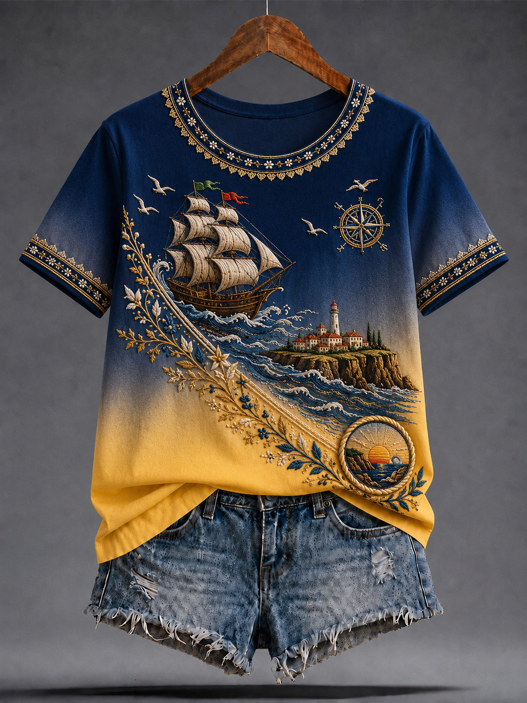 Camiseta Feminina com Estampa Artística de Elementos do Espírito Náutico Português