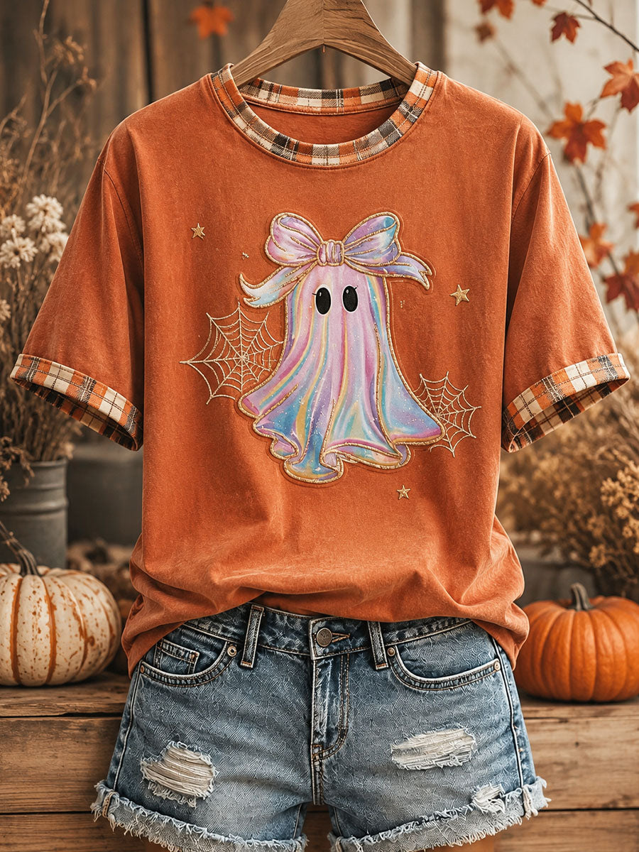 Camiseta feminina fofa de patchwork xadrez com estampa de fantasma