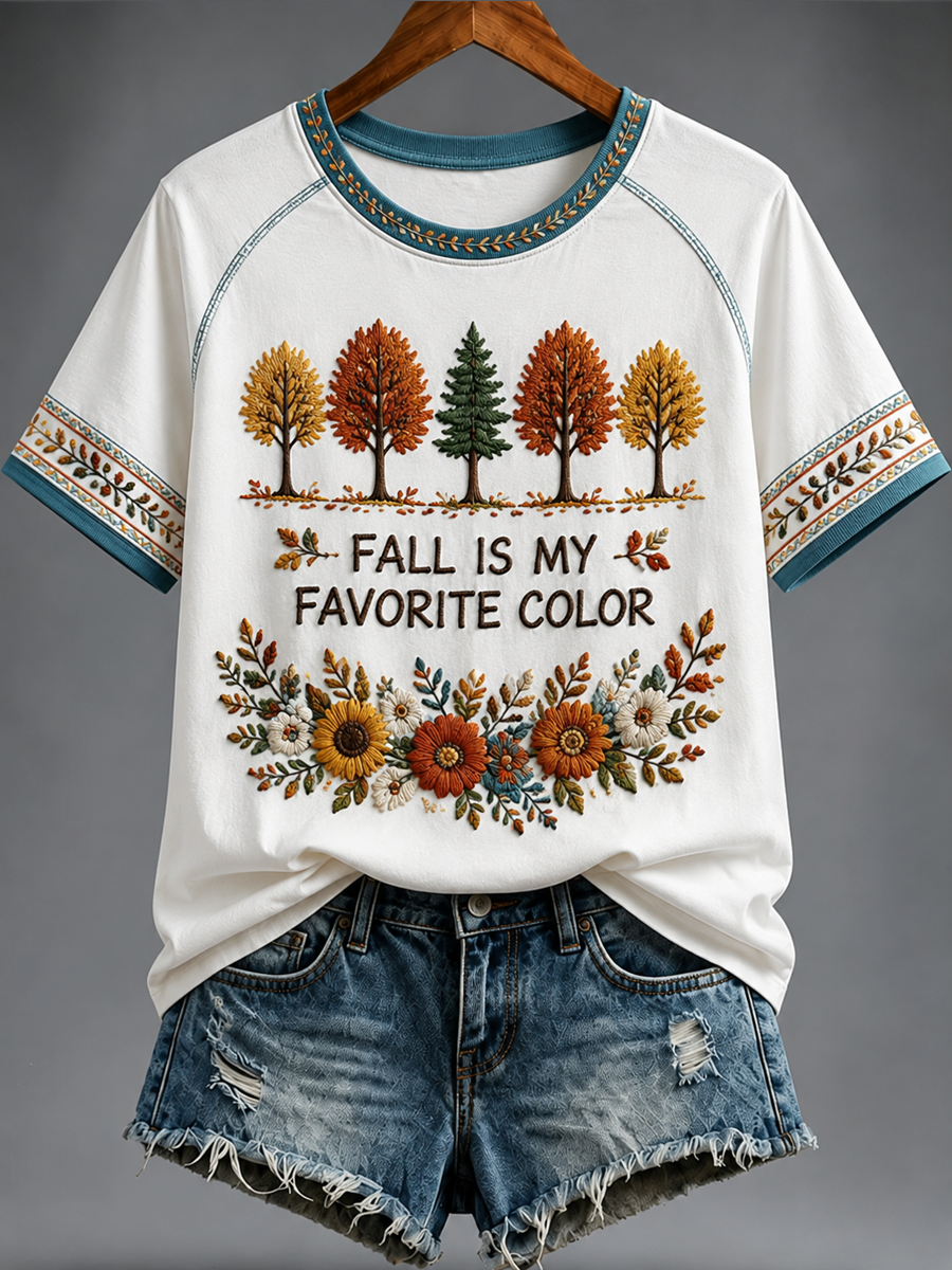 Camiseta feminina de manga curta estampada com a frase “O OUTONO É A MINHA COR PREFERIDA”