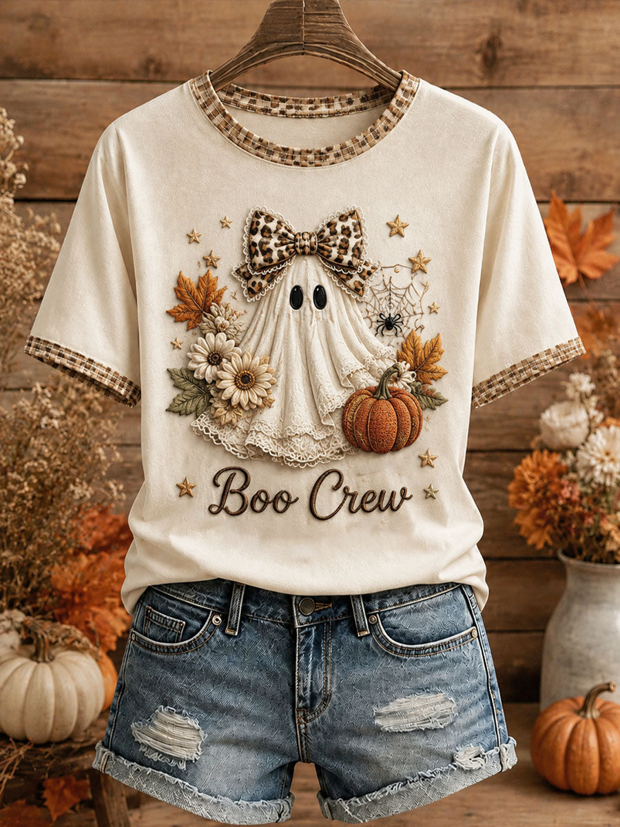 Camiseta feminina fofa de patchwork xadrez com estampa de fantasma
