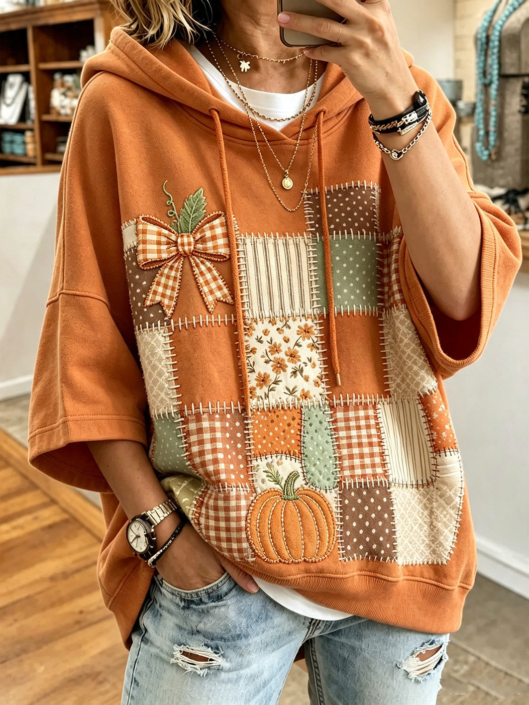 Moletom casual com estampa e detalhes de outono para mulheres