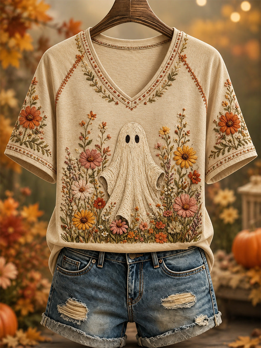 Olá Outono Fantasma bonito Xadrez feminino Imprimir Casual T com Decote V