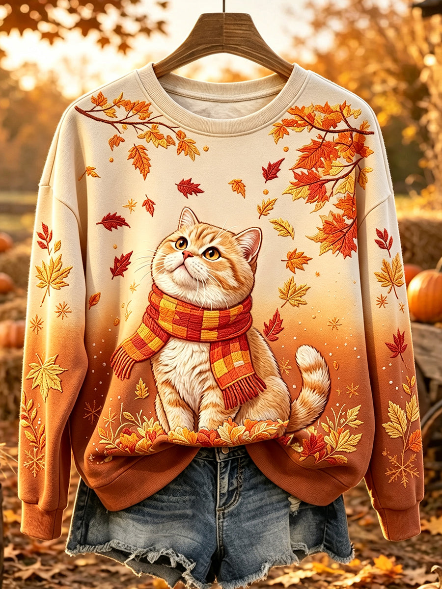 Gato bonito outono arte gradiente de impressão confortável feminino redondo pescoço moletom