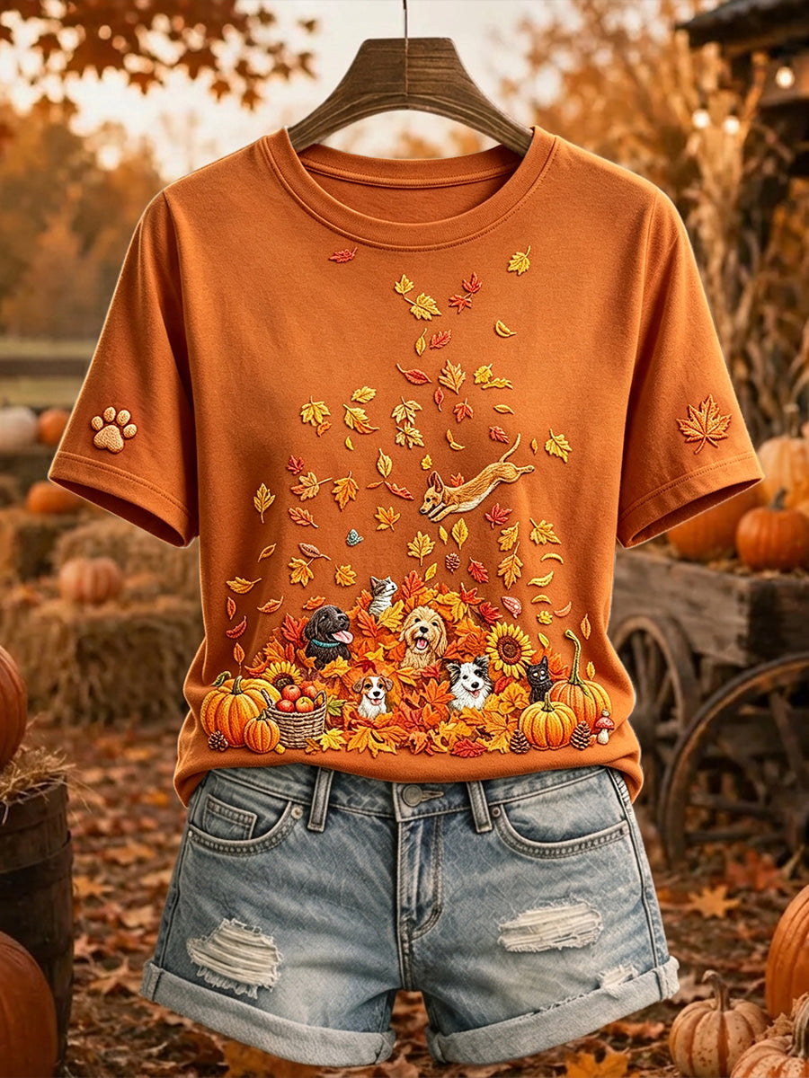 Cachorros e gatos bonitos das mulheres queda arte impressão t-shirt de manga curta
